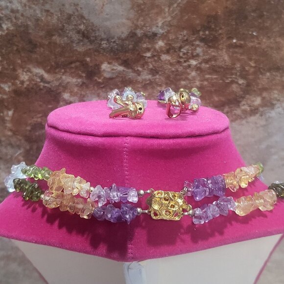 Multi Colored Gemstone Chip Necklace Bracelet Earrings Set - Picture 5 of 11
